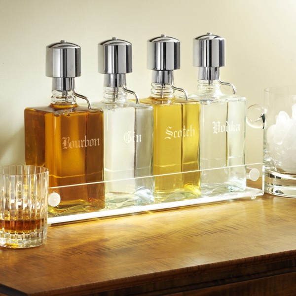 Liquor Decanter Bar Set With Chrome Pump Dispenser Acrylic Tray Old English