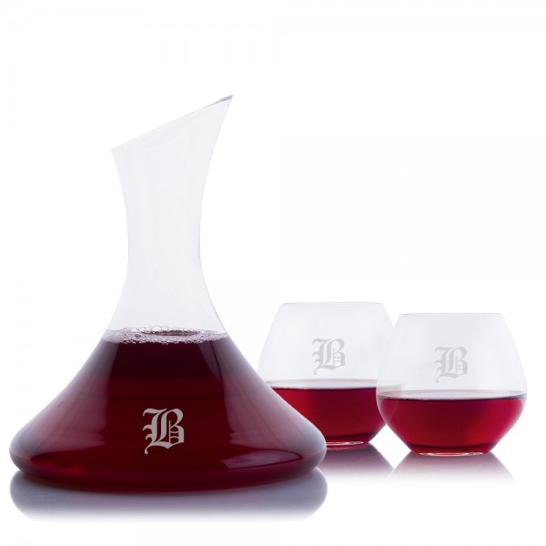 Engraved Gillespie Wine Decanter 3pc. Stemless Set 