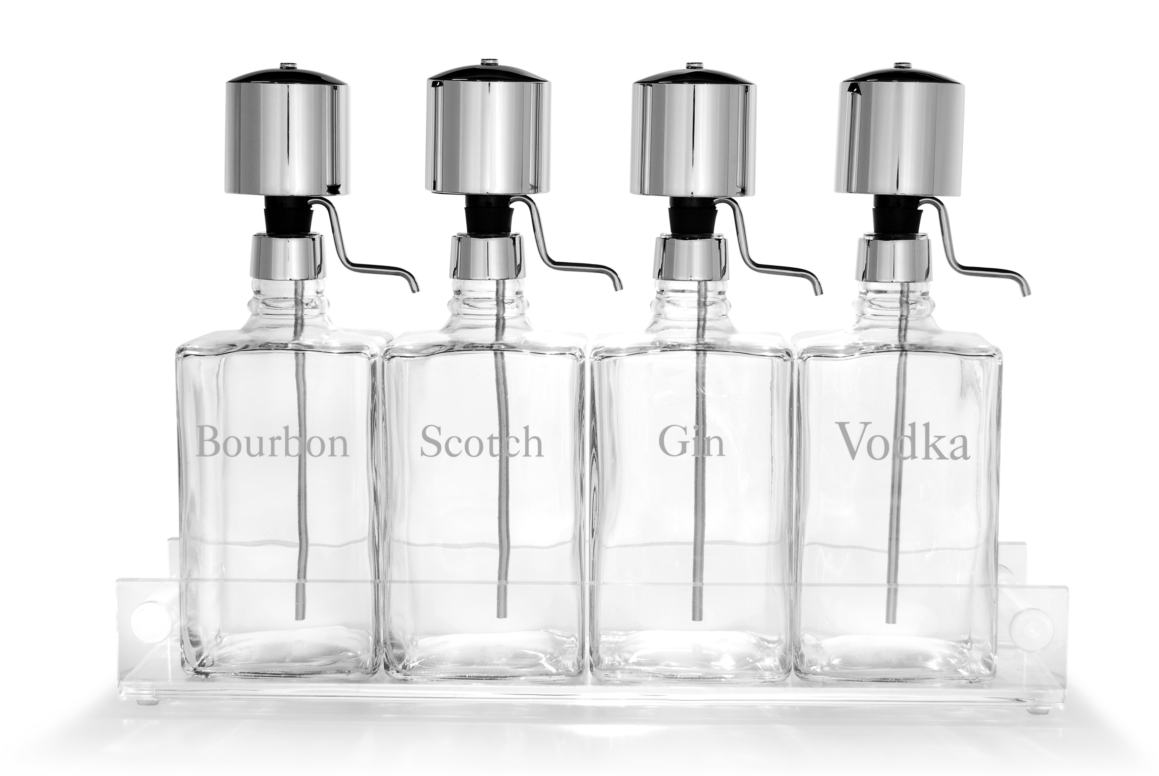 Liquor Decanter Bar Set With Chrome Pump Dispenser Acrylic Tray Liquor Decanter Bar Set With Chrome