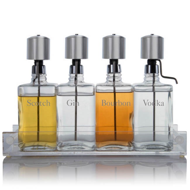 Liquor Decanter Bar Set with Chrome Pump Dispenser & Acrylic Tray