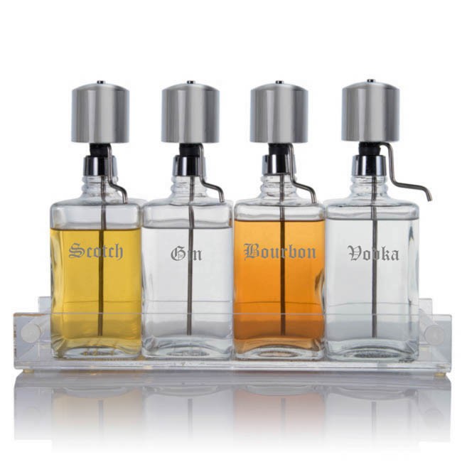 Liquor Decanter Bar Set with Chrome Pump Dispenser & Acrylic Tray Old