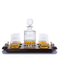 Cut Liquor Decanter Scotch Wood Tray Set