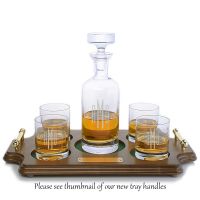 Ravenscroft Crystal Wellington Engraved Whiskey Decanter& 4 Double Old Fashioned Tumblers Wood Tray Set