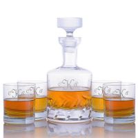 Engraved Ravenscroft Beveled Blade Decanter & 4 Double Old Fashioned Tumblers Set