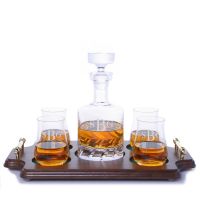 Ravenscroft Beveled Blade Engraved Liquor Decanter & Scotch Glasses Wood Tray Set