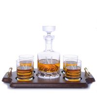 Ravenscroft Crystal Beveled Blade Engraved Whiskey Decanter & 4 DOF Tumblers Wood Tray St