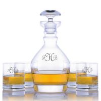 Engraved Ravenscroft Jefferson Decanter & 4 Double Old Fashioned Tumblers Set
