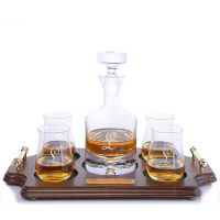 Engraved Ravenscroft Taylor Liquor Decanter & 4 Scotch Tumbler Wood Tray Set