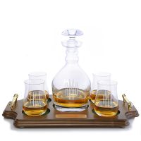  Ravenscroft Jefferson Engraved Liquor Decanter & 4 Single Malt Scotch Glasses Wood Tray Set